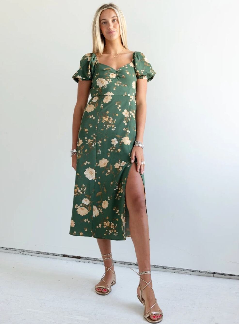 Blu Pepper Green Floral Puff Sleeve Midi Dress Large Cottagecore
